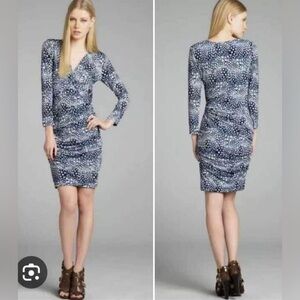BCBG Maxazria Long Sleeve Ruched Blue Dress Size XXS